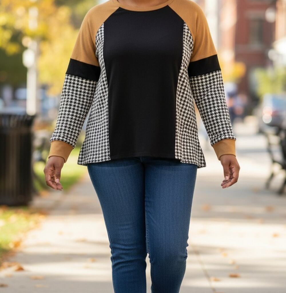 Cato Women's Plus Size 18/20W Brown Black Houndstooth Pullover Top Sweater